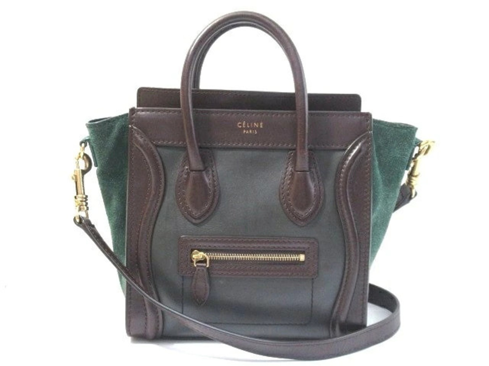 Celine Green Tote Bag Calfskin Shopper Luggage Brown Suede Shoulder Green Brown